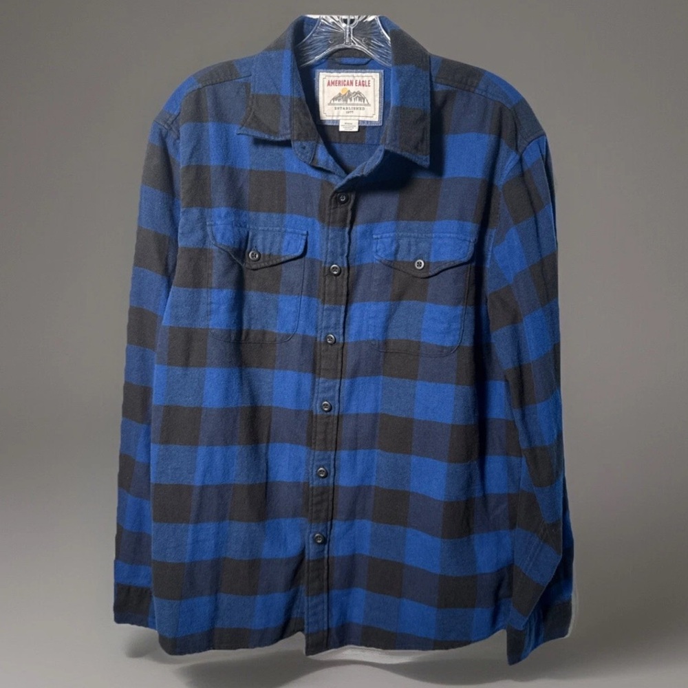 American Eagle Flannel Shirt Blue Plaid Cotton Size M/M  (0912) Gww5